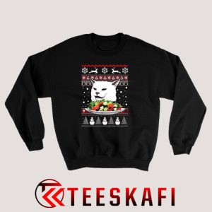 Cat at Dinner Table Meme Ugly Christmas Sweatshirt Size S-3XL