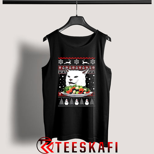 Cat at Dinner Table Meme Ugly Christmas Tank Top Size S-3XL